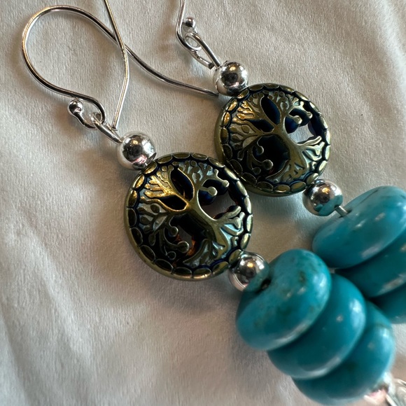 ARTISAN Tree of Life Turquoise Heishi Bead Wire Wrapped Sterling Earrings 2 1/3” - Picture 7 of 7